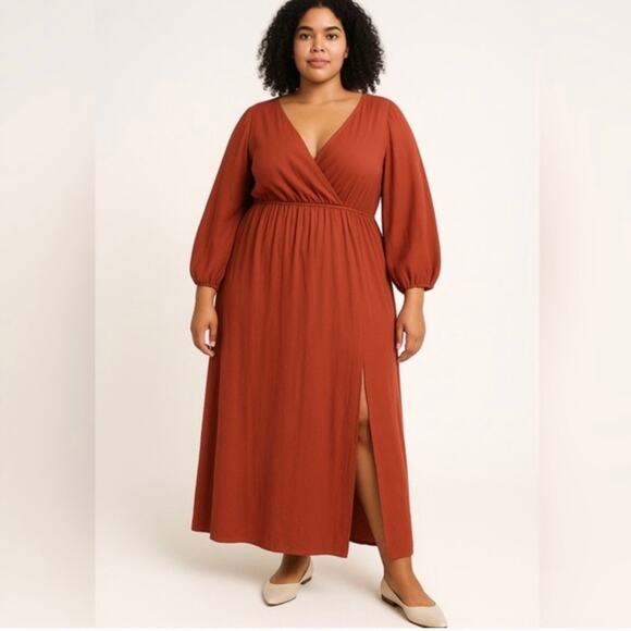 Eloquii Women's Rust Orange Linen Balloon Long Sleeve Wrap Top Maxi Dress Sz 22 - Picture 1 of 11